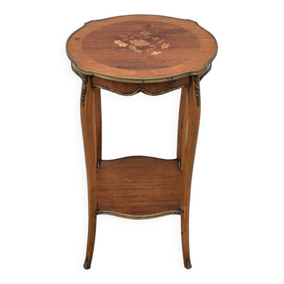 Guéridon selette table d'appoint style Louis XV em marqueterie et bois de rose décorées- 1900s