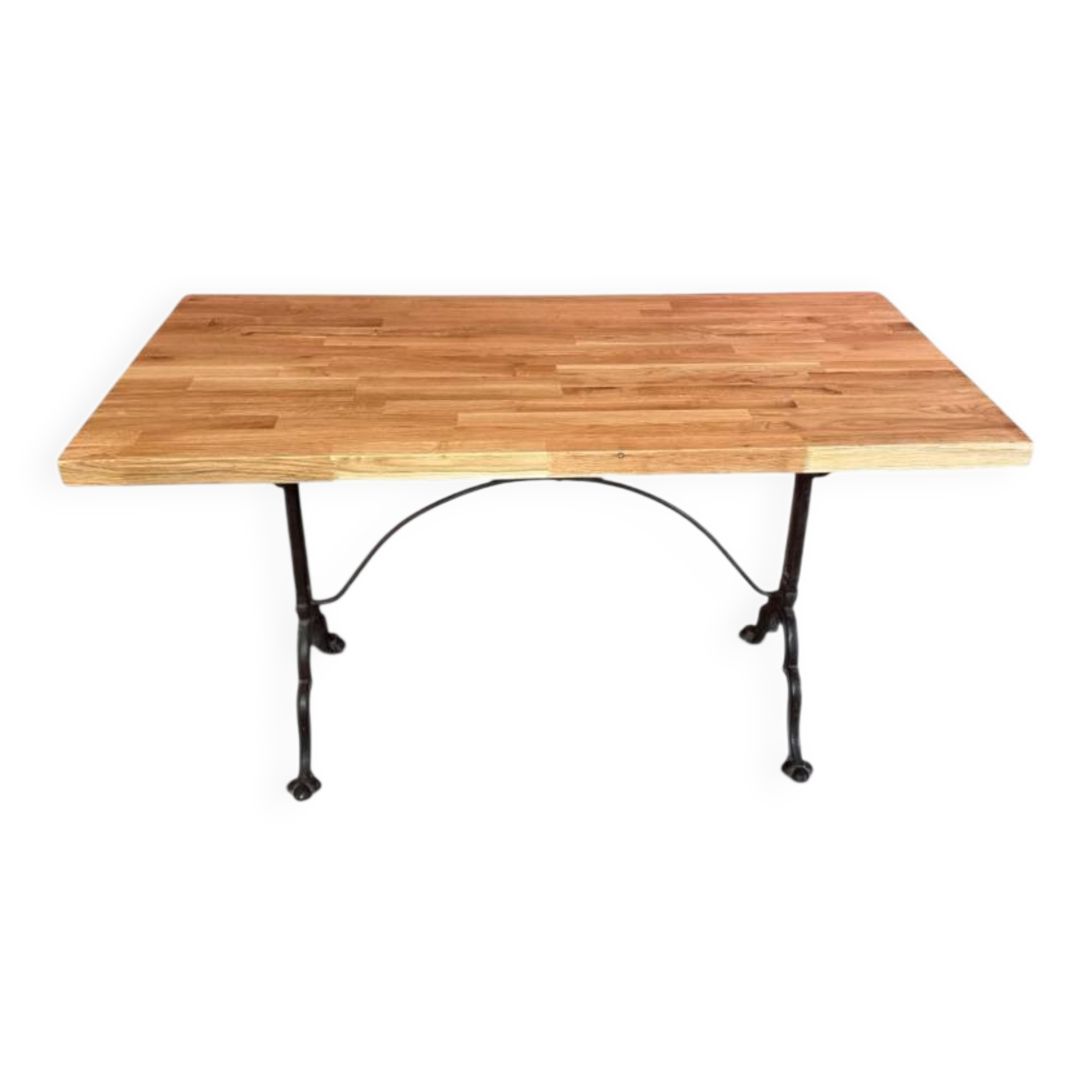 Bistro table, cast iron base and solid oak top.