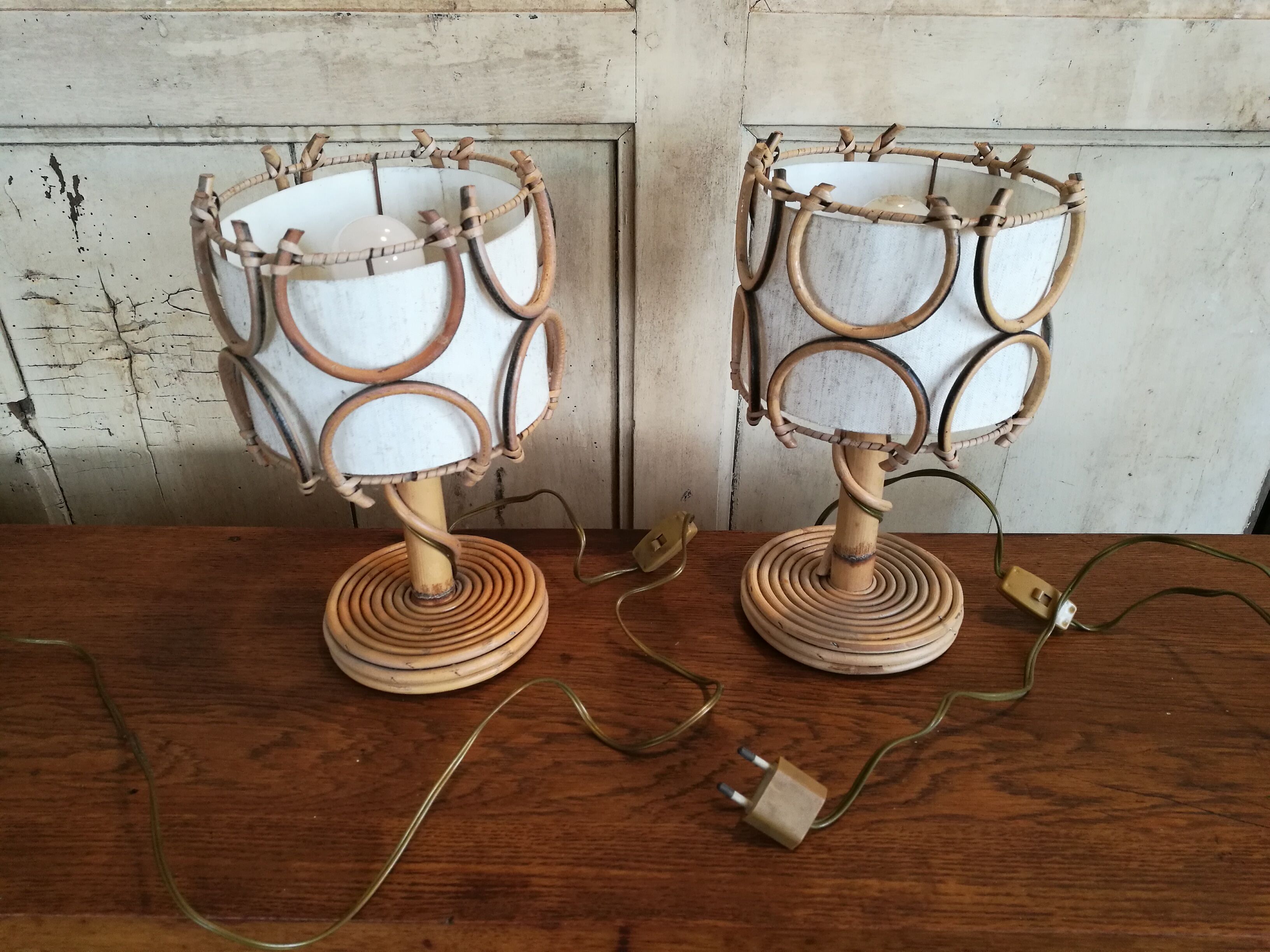 Pair of rattan bedside lamps