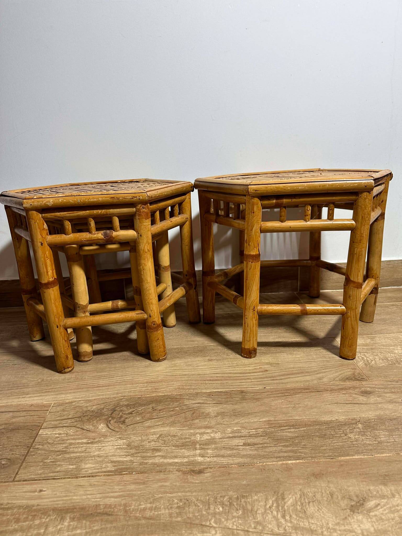 Vintage Boho Mid Century Bamboo Hexagonal Side Coffee Tables Flower Stools