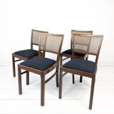 Lot de 4 chaises vintage en bois, cannage viennois et assise noire
