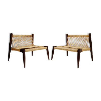 Paire de fauteuils lounge en corde de jute tressée et bois massif