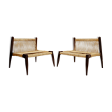 Pair of lounge chairs in woven jute rope and solid wood