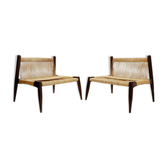 Paire de fauteuils lounge en corde de jute tressée et bois massif