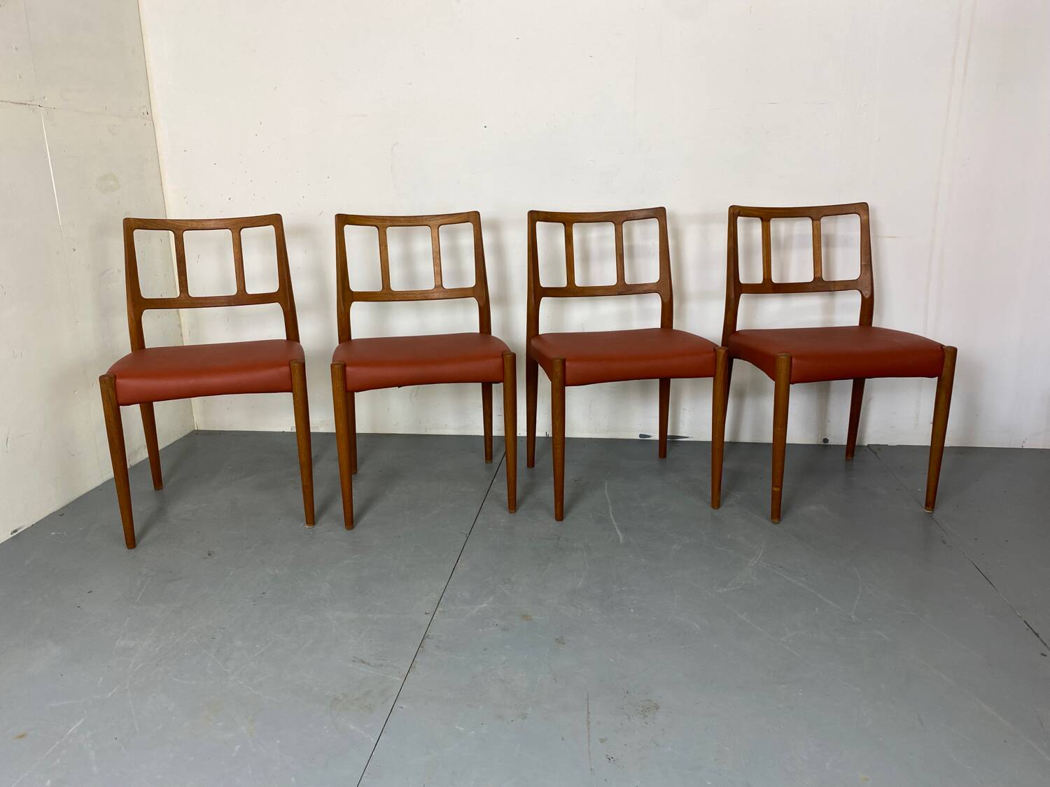 Mid-Century Danish Teak and Leather Dining Chairs by Johannes Andersen for Uldum Møbelfabrik, 1950s, Set of 4