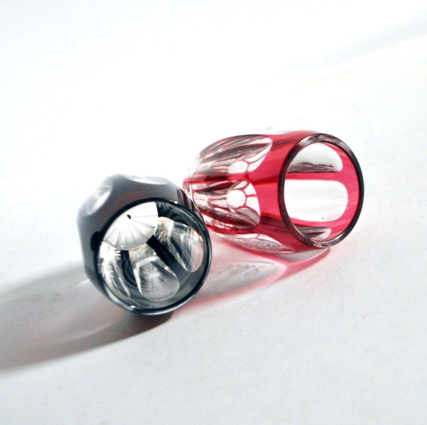 SAINT-LOUIS set of 2 crystal double overlay red engraved shooter glasses