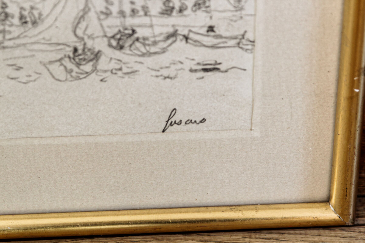 Dessin à la mine de plomb, port, signé Jean Fusaro