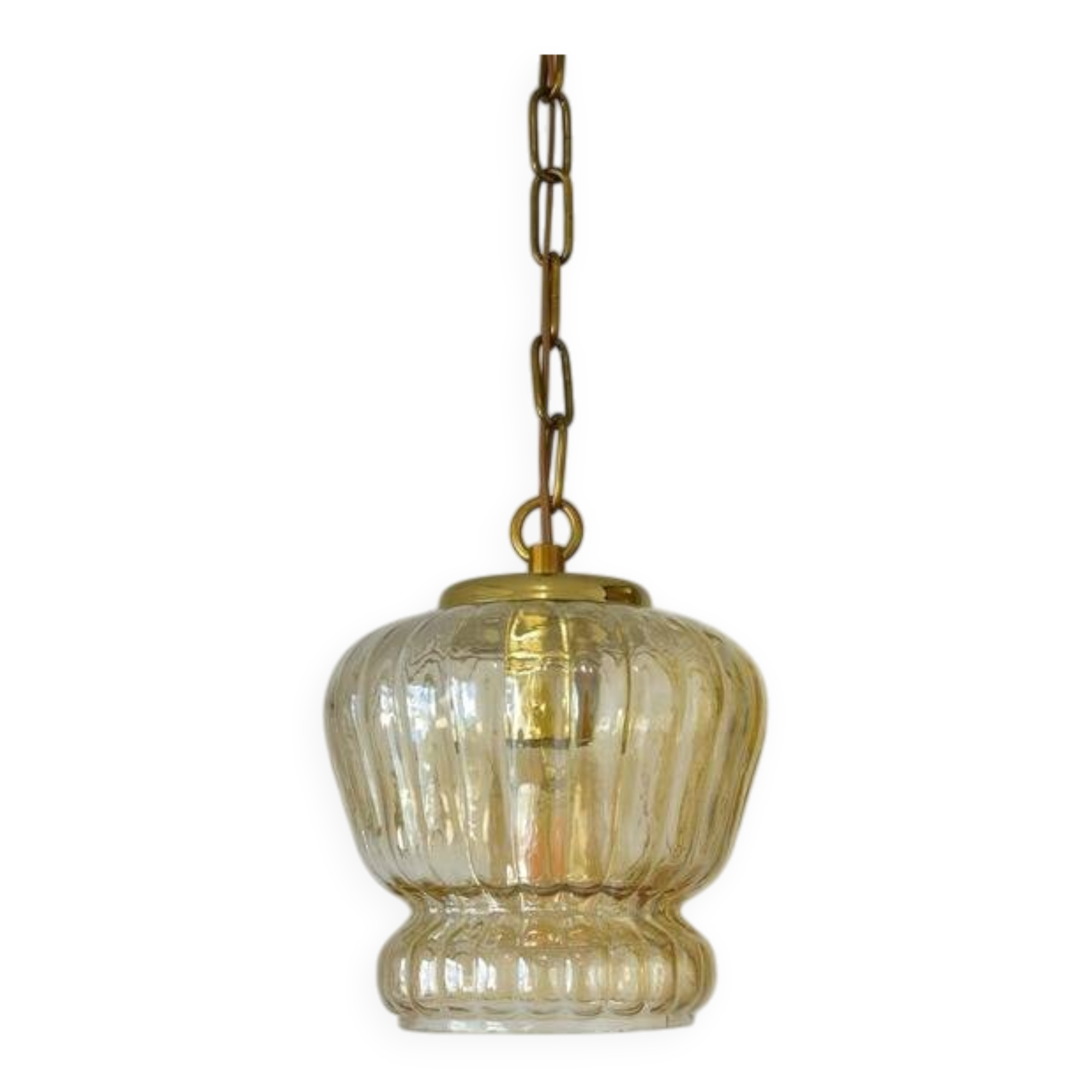 Vintage old gold pendant light, amber glass, 1960s chain lamp