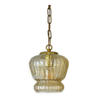 Vintage old gold pendant light, amber glass, 1960s chain lamp