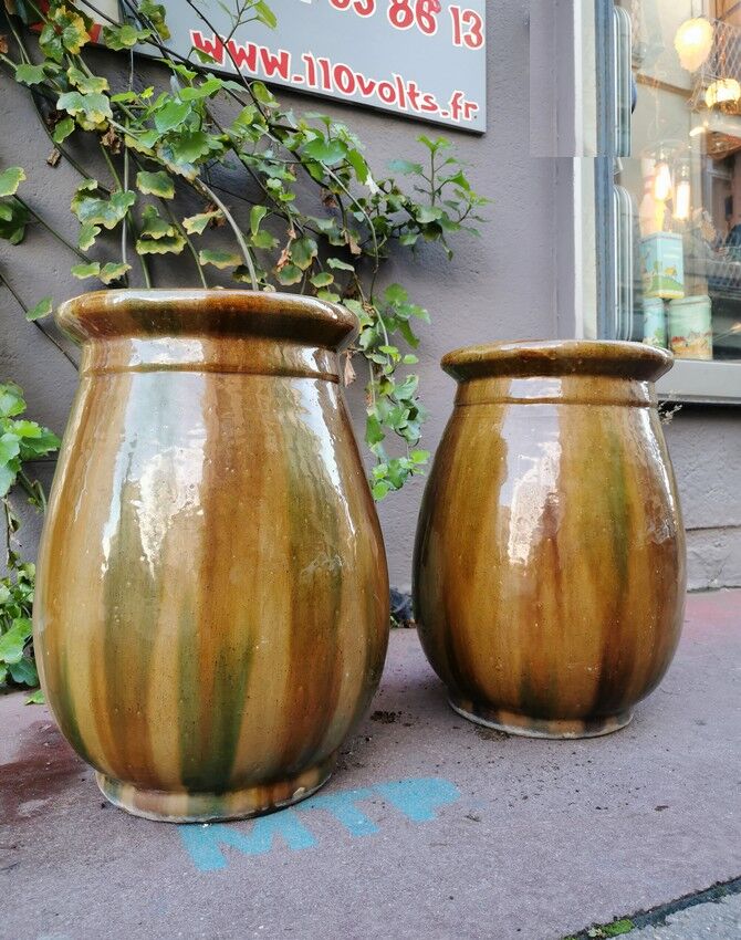 Pair of Provençal enamelled terracotta jars