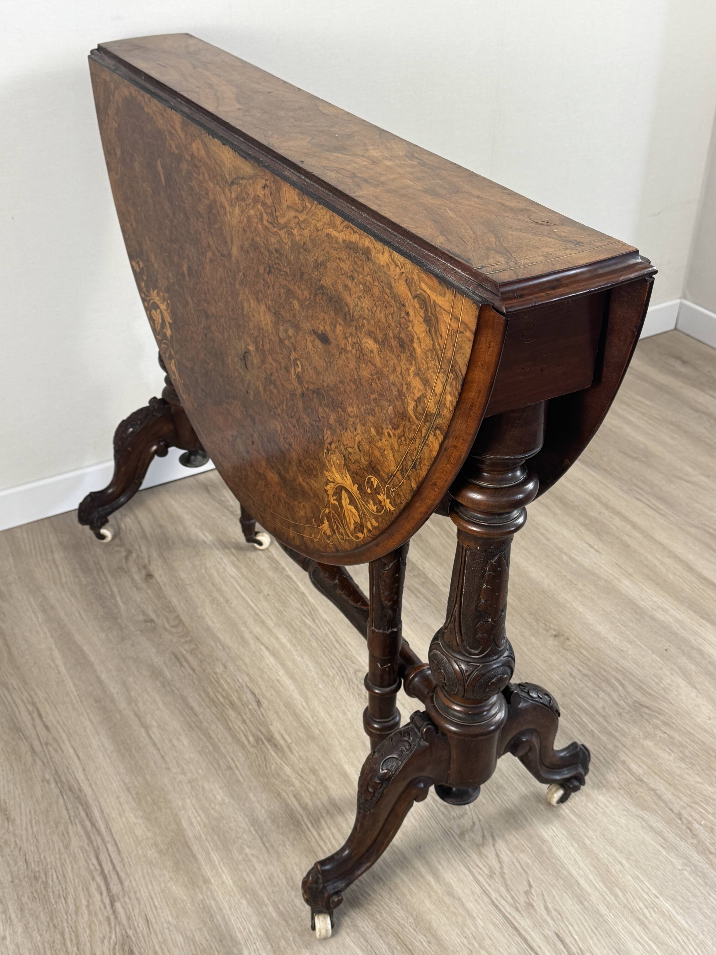 Victorian Sutherland table — walnut burl inlaid top