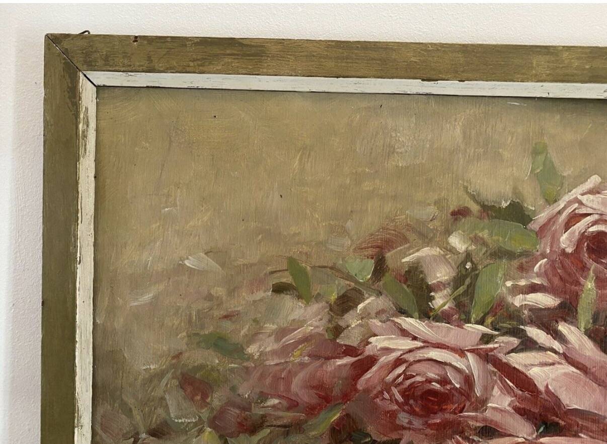 Oil painting on panel of a bouquet of roses signed by Paul Fauvelles 1943.