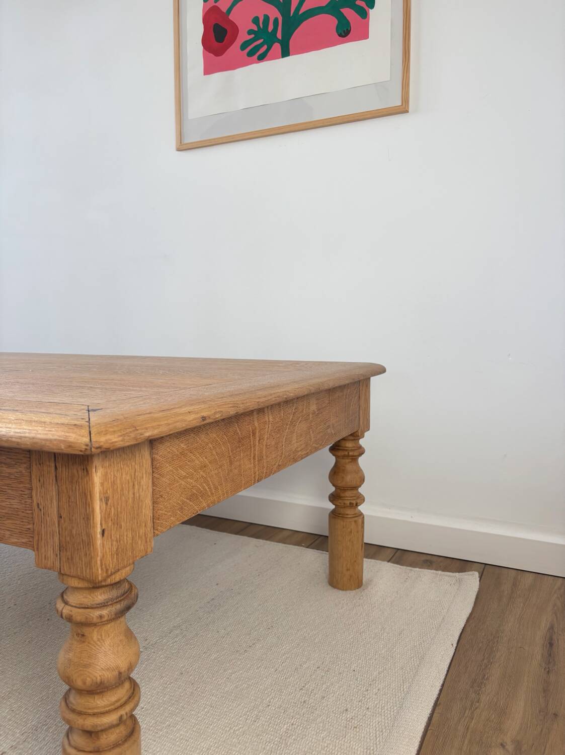 Large farmhouse-style coffee table with drawers, renovated oak.
