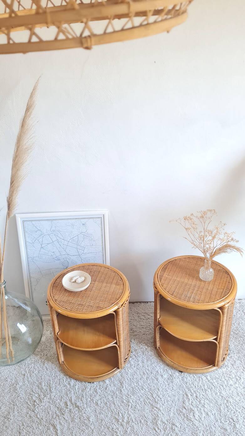 Pair of wicker bedside tables circa the 1970s.