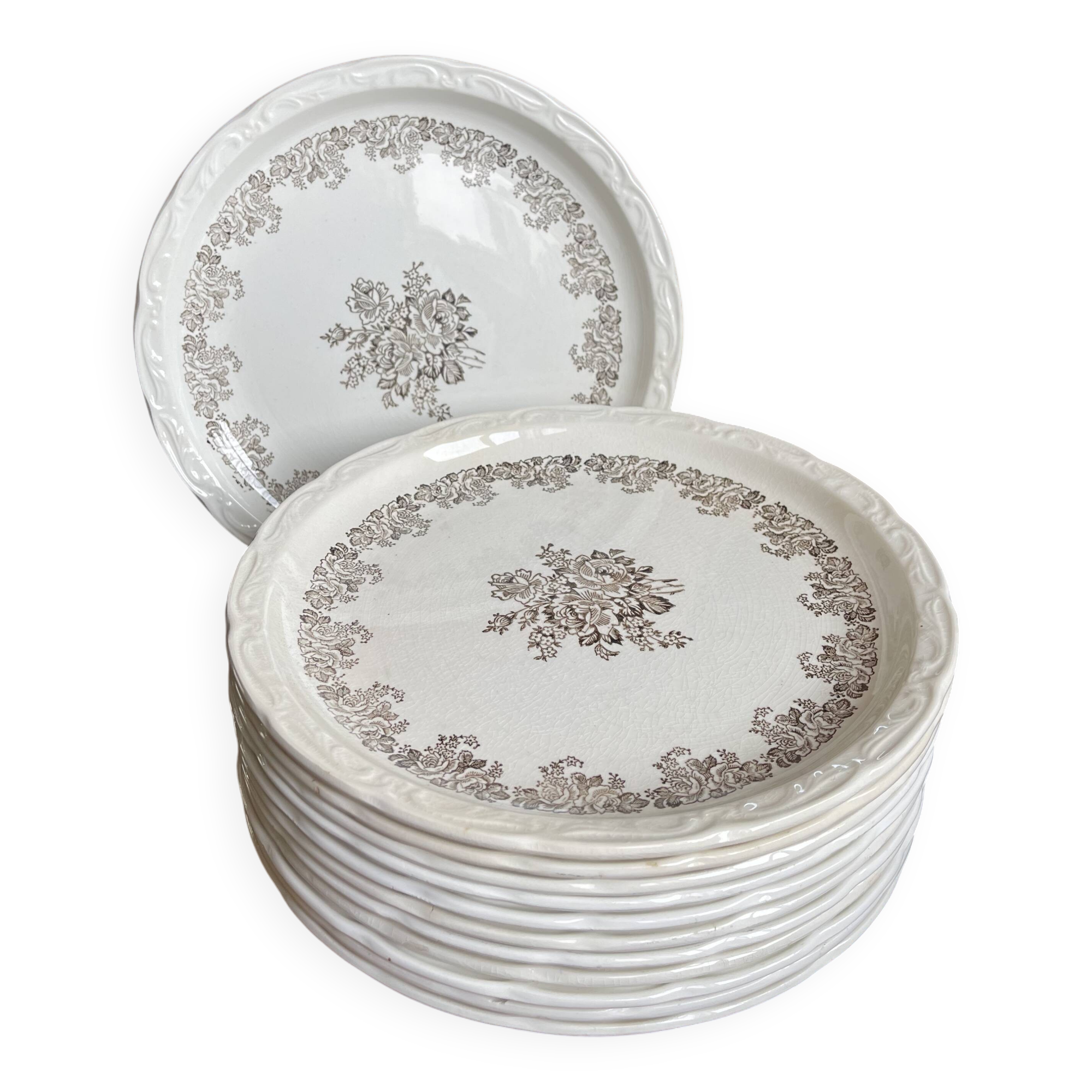 12 Digoin plates with brown flowers