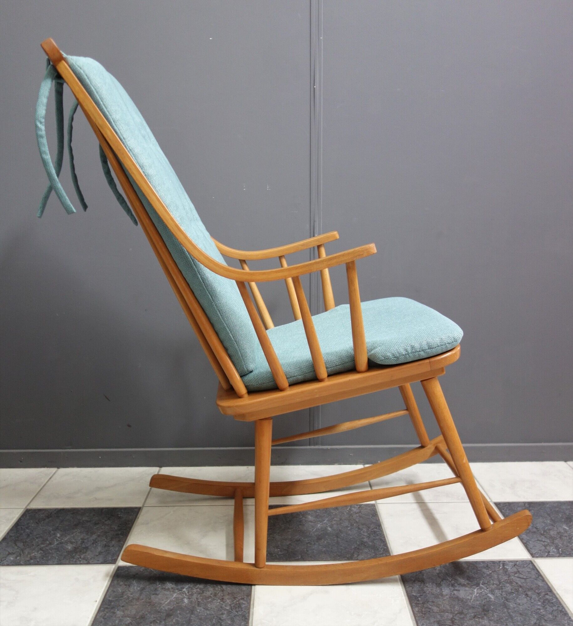 Mid century wooden rocking chair with blue upholstery  1960s