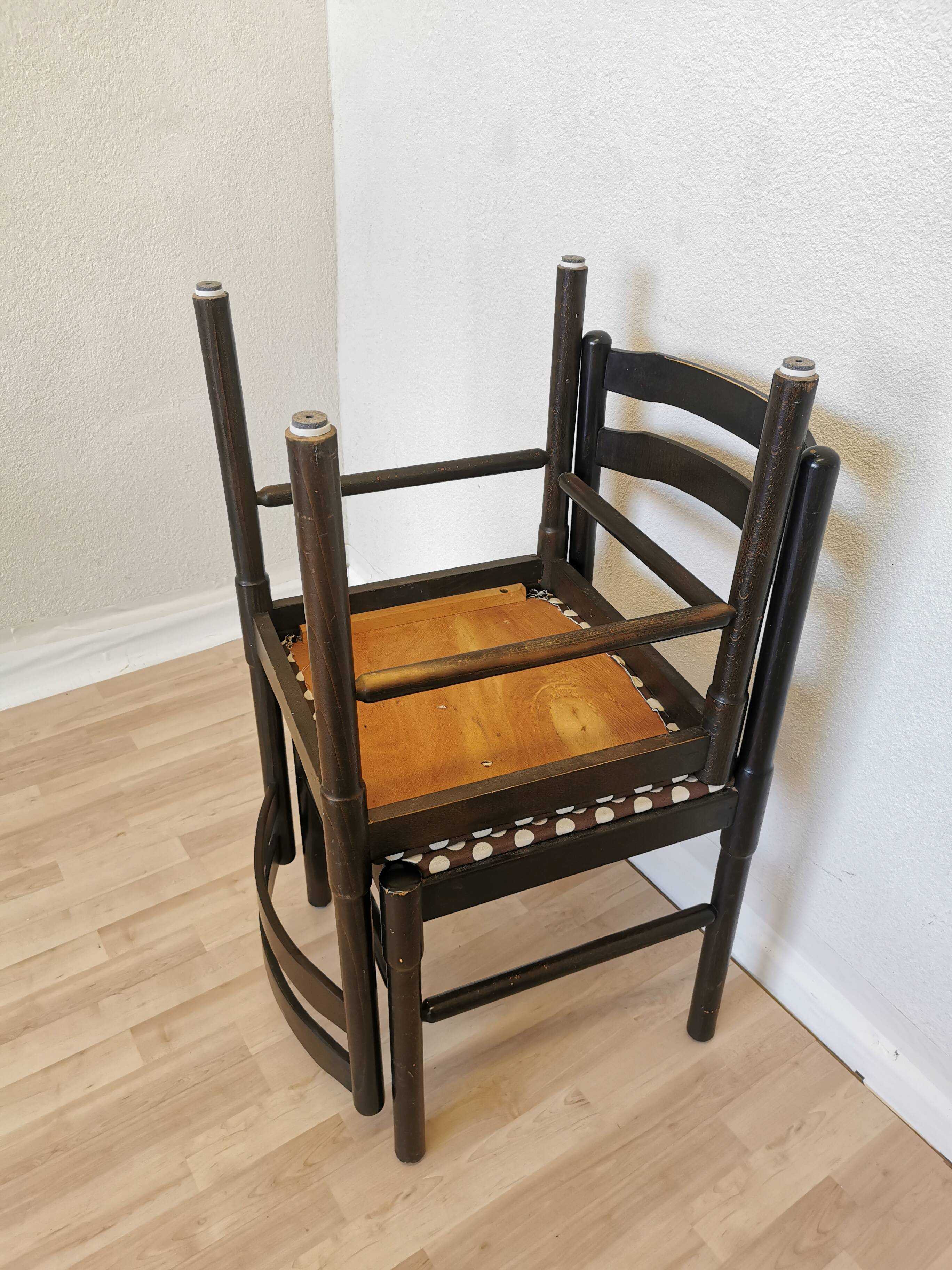 Set of 2 Vintage Wooden Dining Chairs: Brown & White Polka Dot Fabric 80s