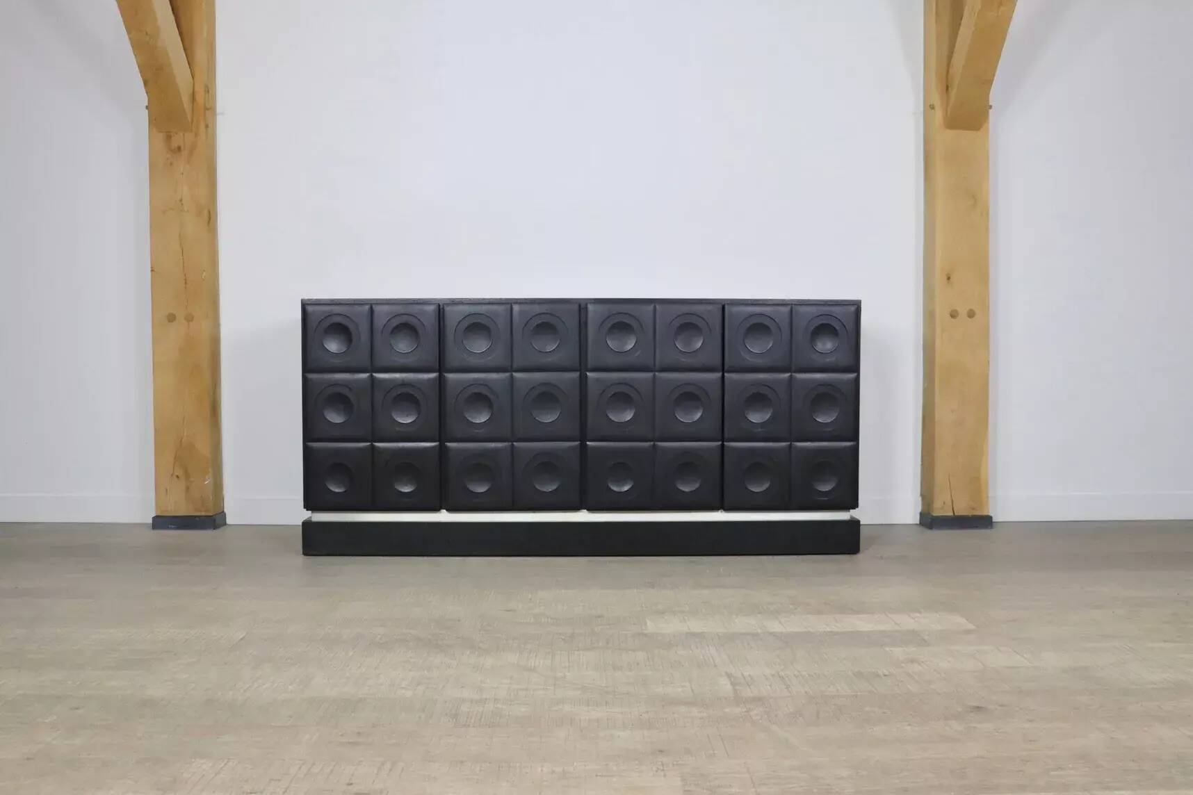 Midcentury Modern Brutalist Sideboard In Black Carved Wood And Chrome, Belgium, 1970s