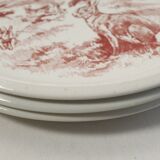 Set of 3 mismatched flat plates - red/burgundy decorations - deer and hare