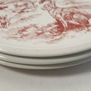 Set of 3 mismatched flat plates - red/burgundy decorations - deer and hare