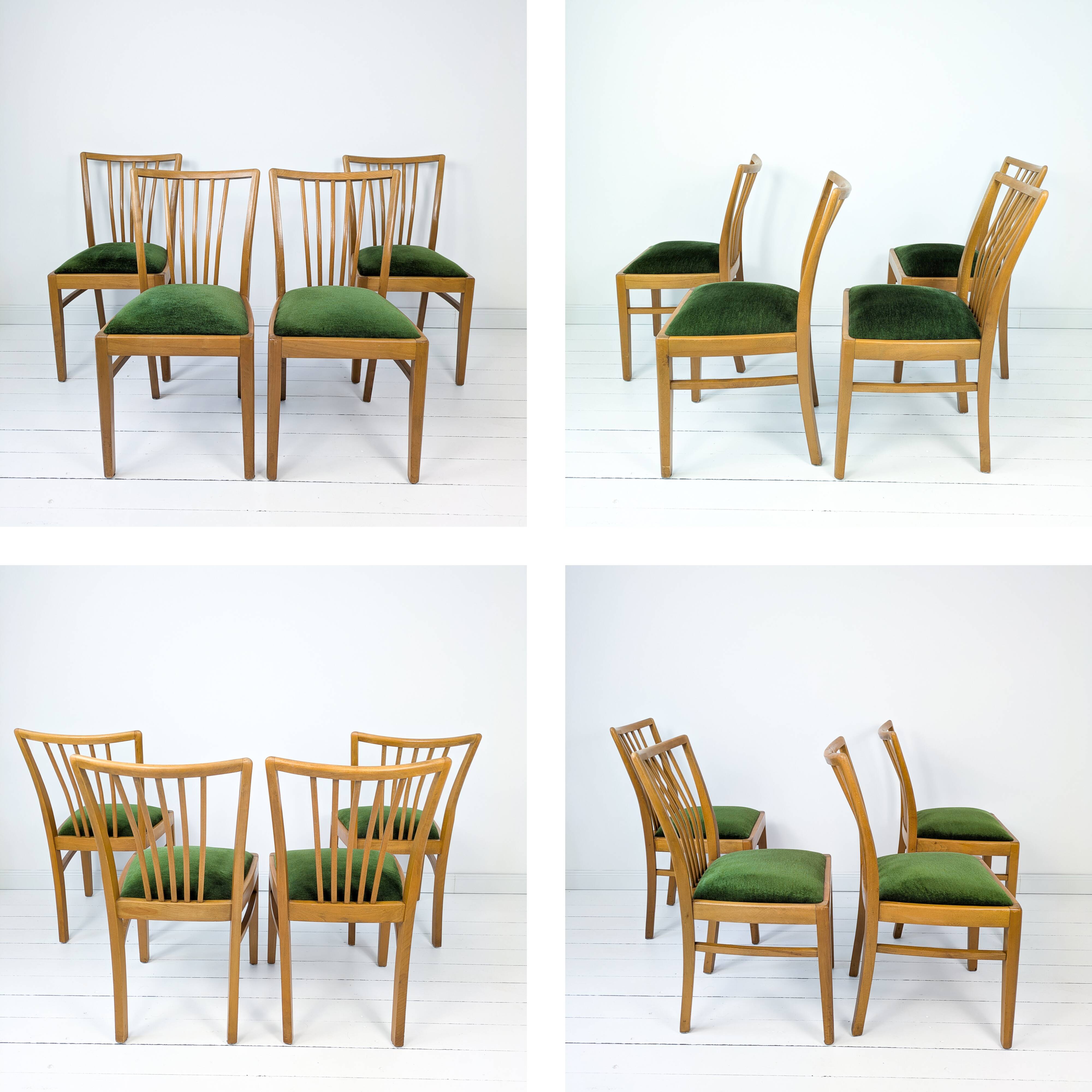 Lot de 4 chaises Mid-Century à barreaux, tissu vert foncé