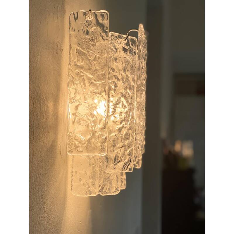 Pair of Contemporary Hammered Strips ”Listelli” Murano Glass Chromed Wall Sconces by Simoeng