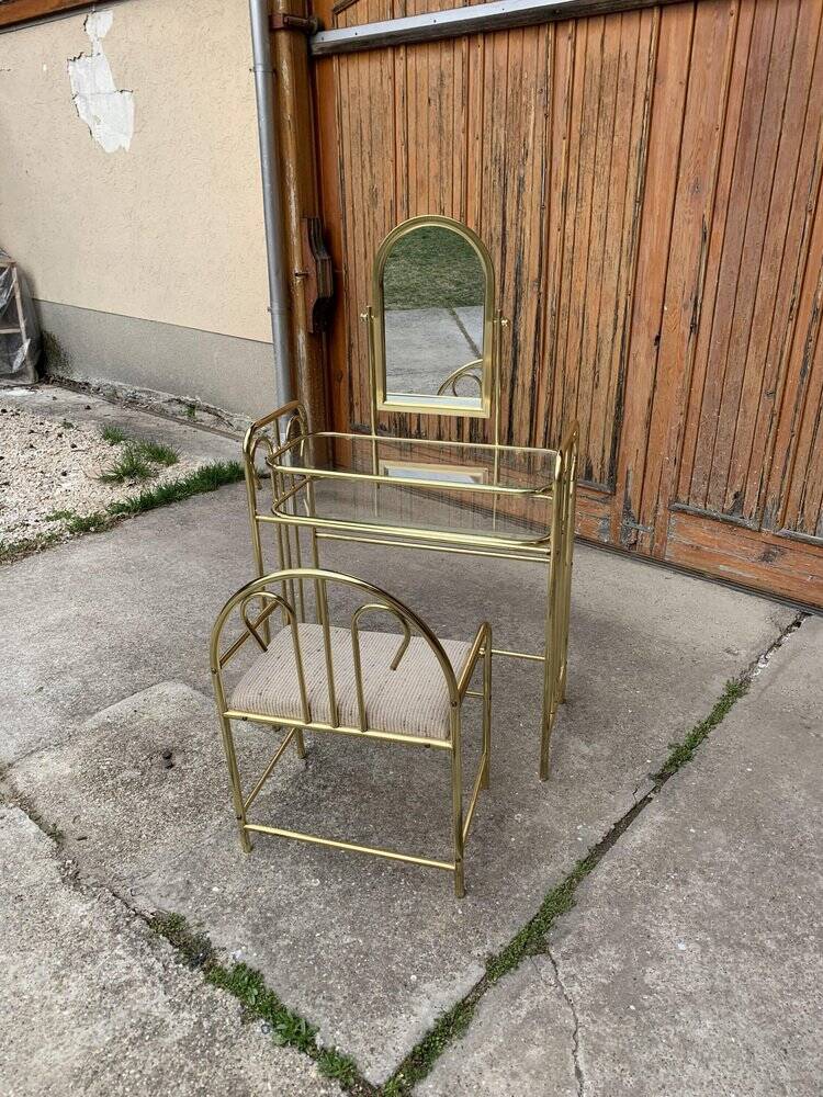 Vintage brass and glass dressing table with matching beige stool - set of 2 (1950s)