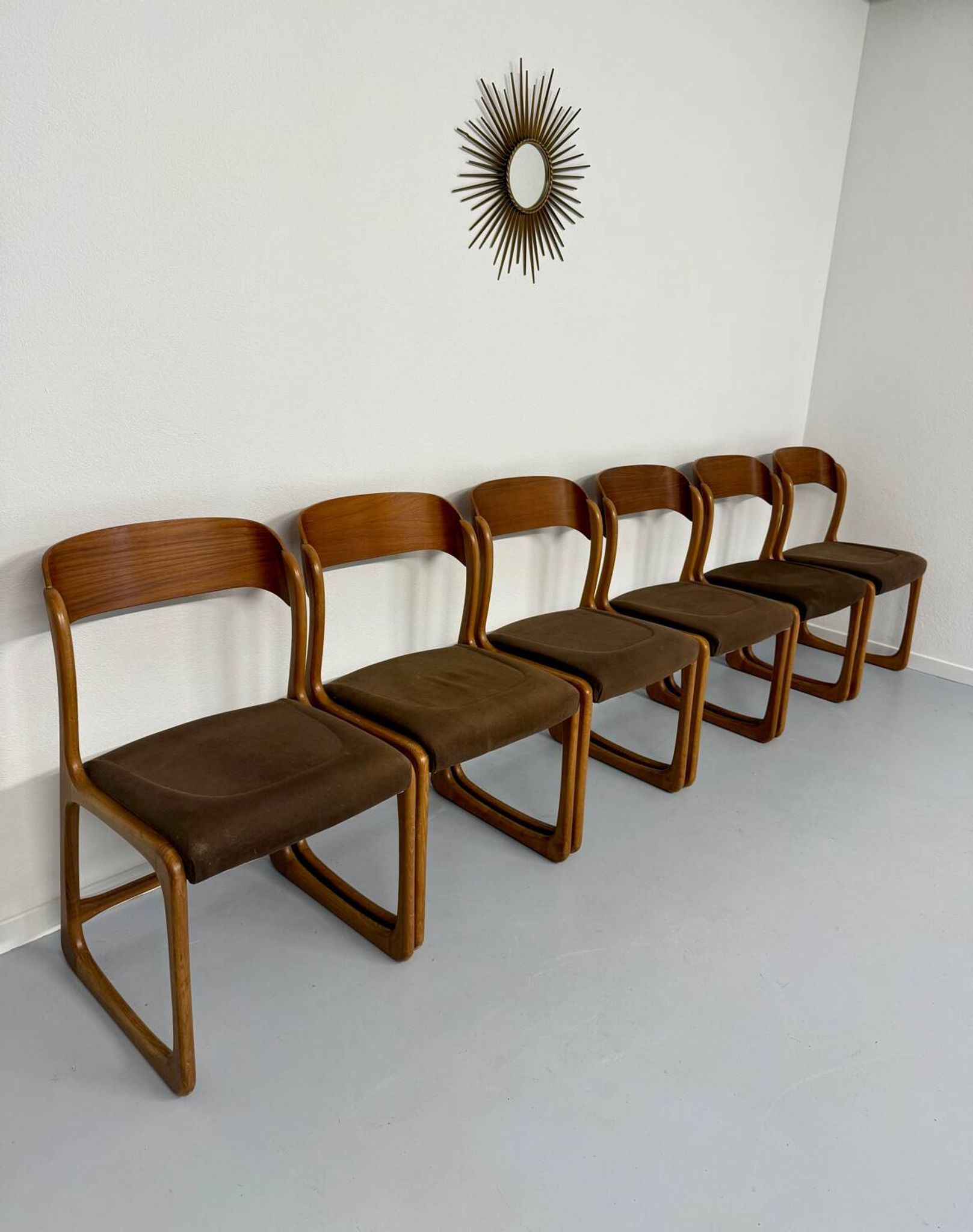 Set of 6 Baumann sleigh chairs in wood and brown fabric, original 1960s