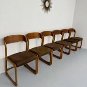 Set of 6 Baumann sleigh chairs in wood and brown fabric, original 1960s
