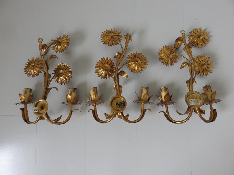 Series of 3 flower appliques "sunflowers" in 70s gold metal