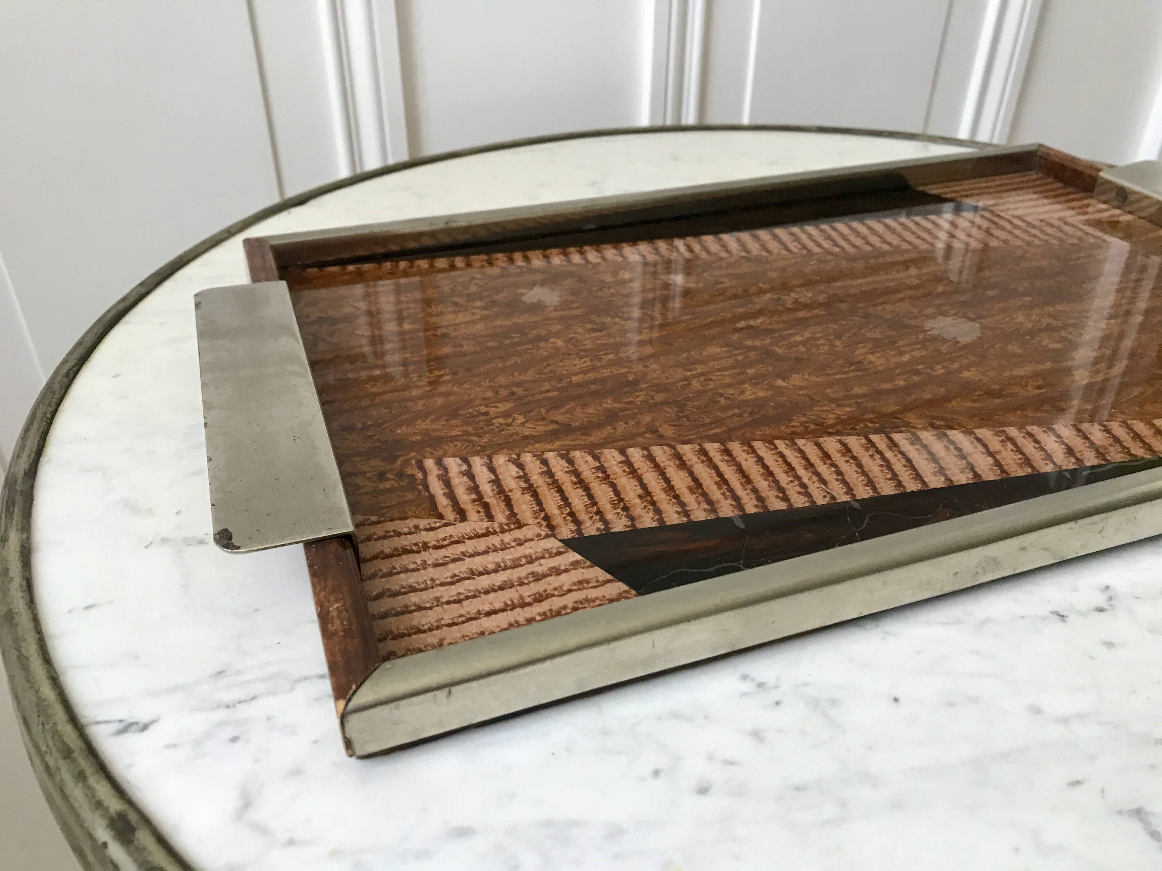 Plateau miroir en chrome, verre, bois et marqueterie années 60-70