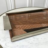 Plateau miroir en chrome, verre, bois et marqueterie années 60-70