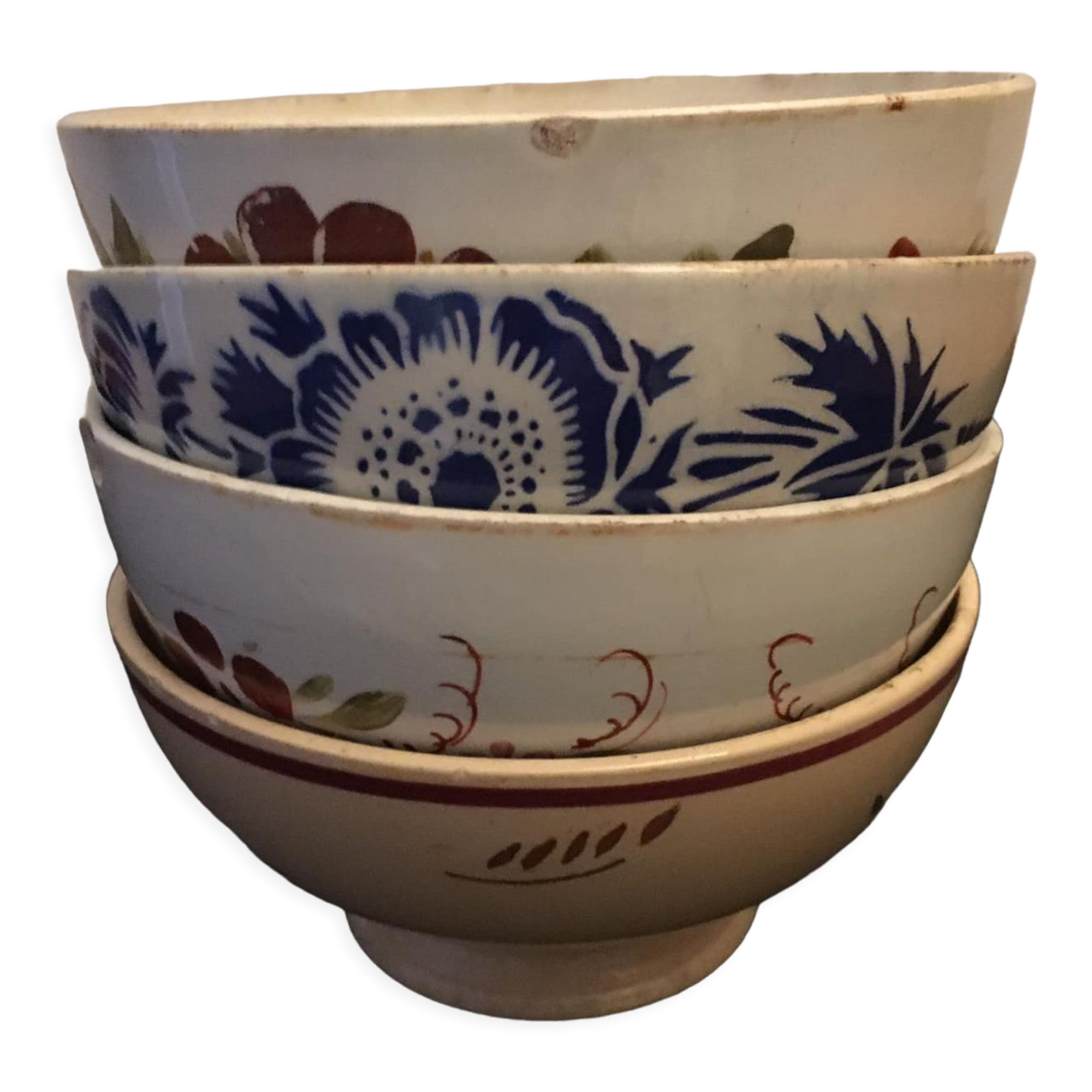 4 antique earthenware bowls with different patterns
