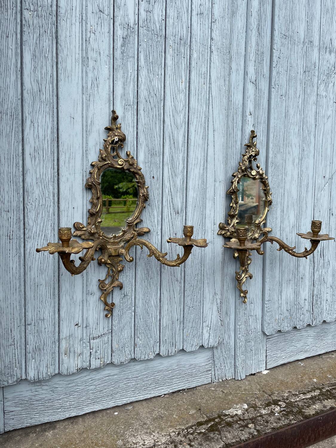 Pair of vintage bronze wall sconces with mirror and 2 candles