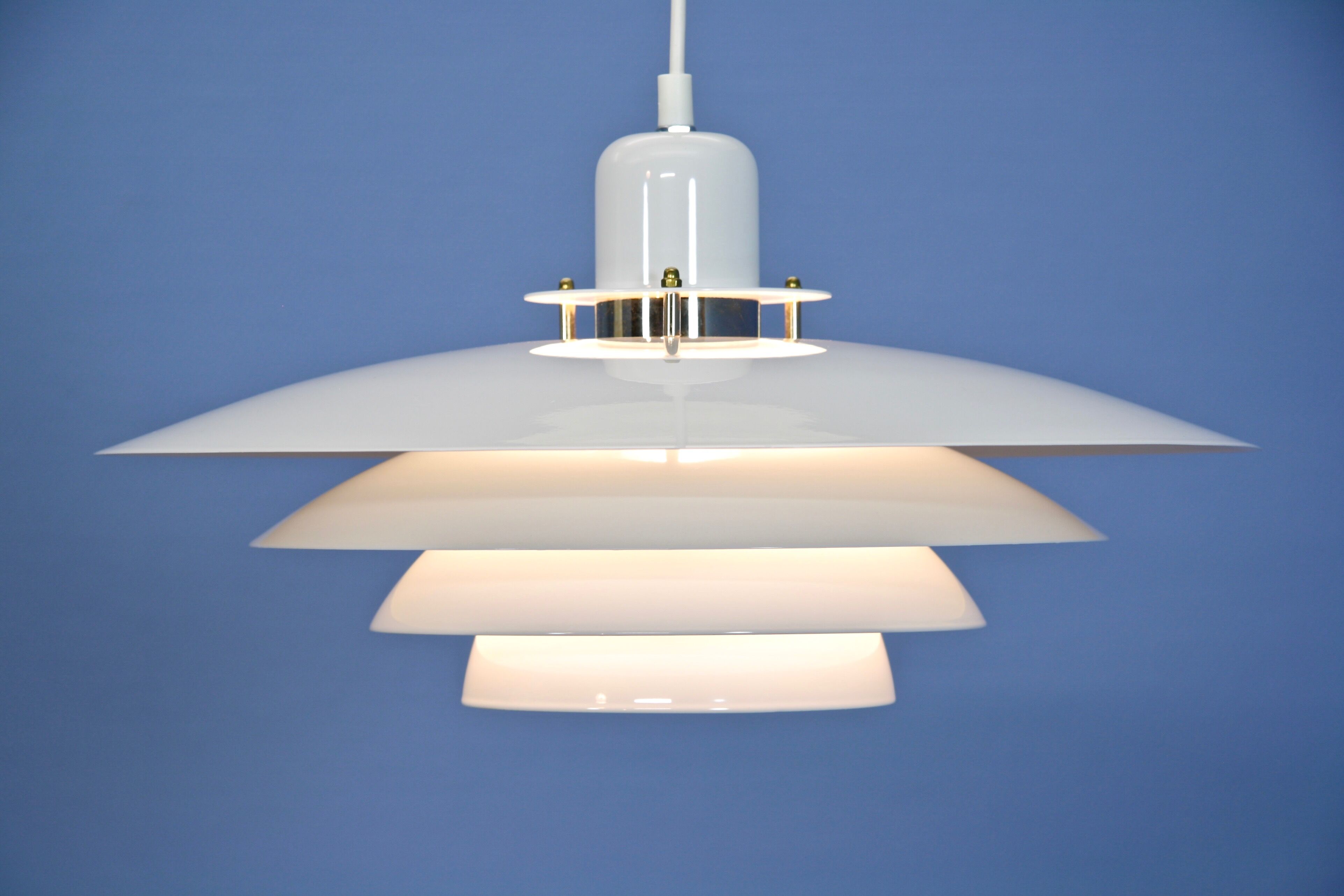 Danish hanging lamp in white with brass accent, 1980s