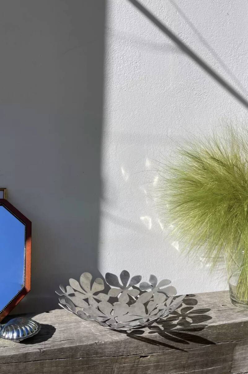 Fruit bowl/basket in chromed stainless steel, signed Monika Mulder