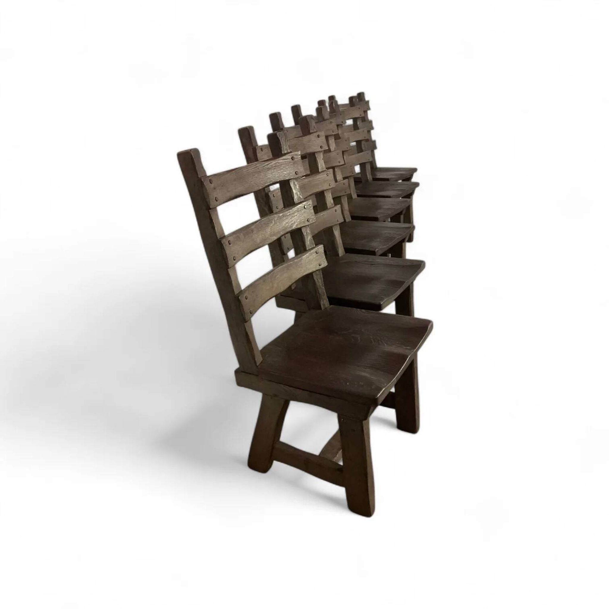6 x Brutalist oak dining chairs / Belgium 1970s