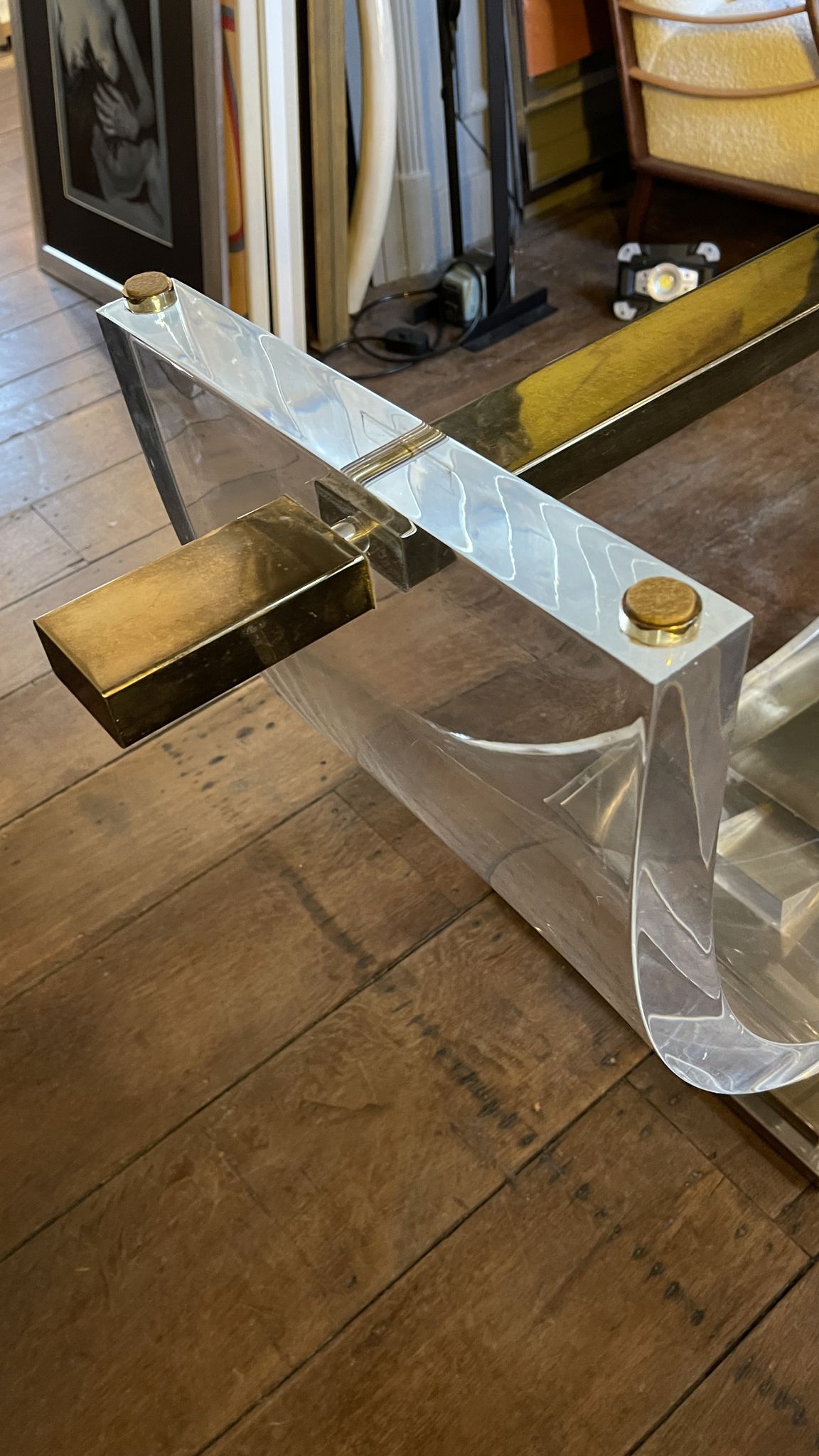 Dining room table by Charles Hollis Jones, lucite & brass, hollywood regency style, ca 1970