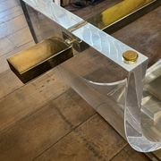 Dining room table by Charles Hollis Jones, lucite & brass, hollywood regency style, ca 1970