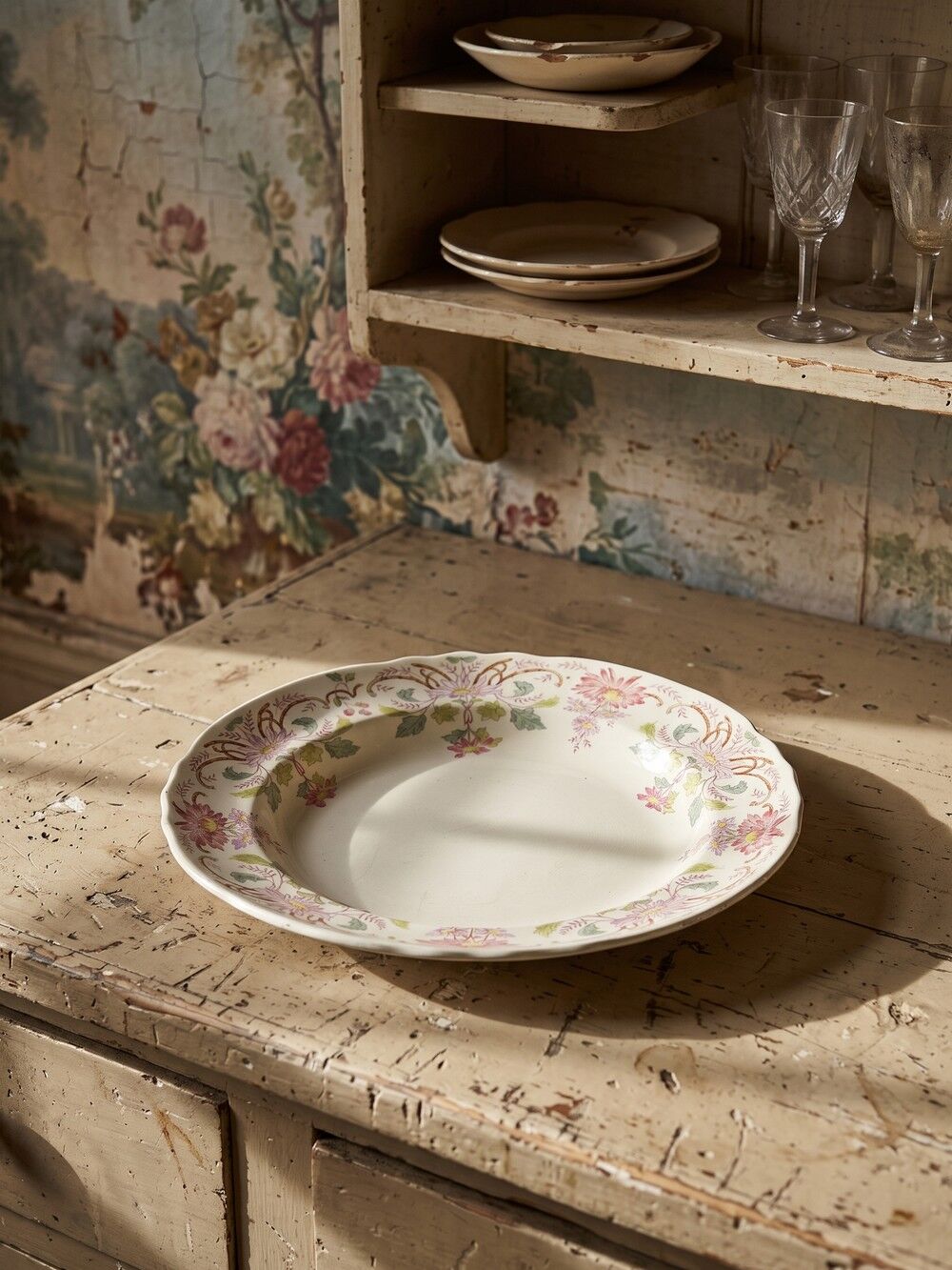 Antique Longchamp service shallow dish with polychrome daisies, ironstone, 19th century.
