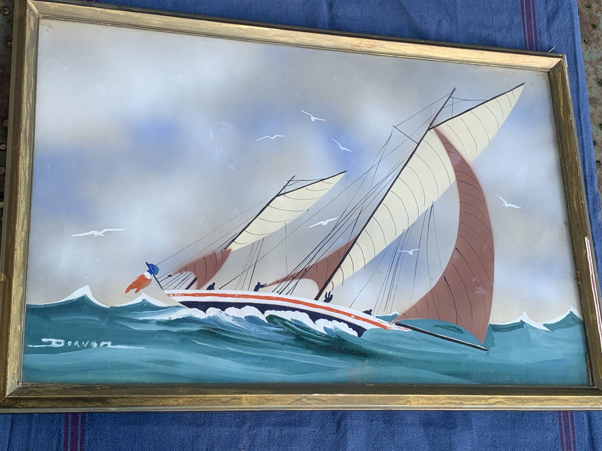 Tableau peinture marine, voilier signe Dorvom, encadre, vintage