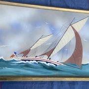 Tableau peinture marine, voilier signe Dorvom, encadre, vintage
