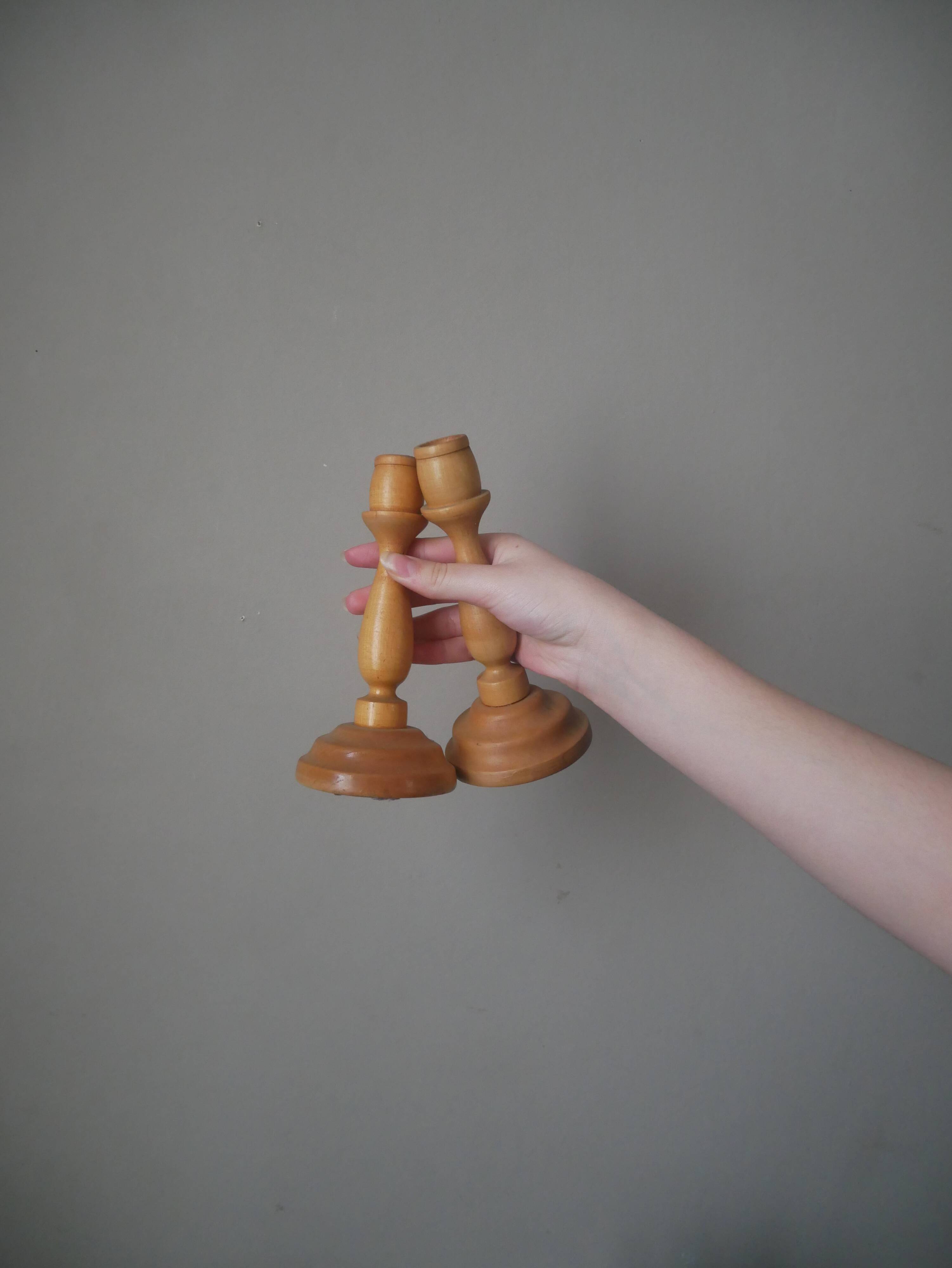 Pair of turned wooden candlesticks, handcrafted, Scandinavian country decoration