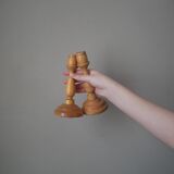 Pair of turned wooden candlesticks, handcrafted, Scandinavian country decoration