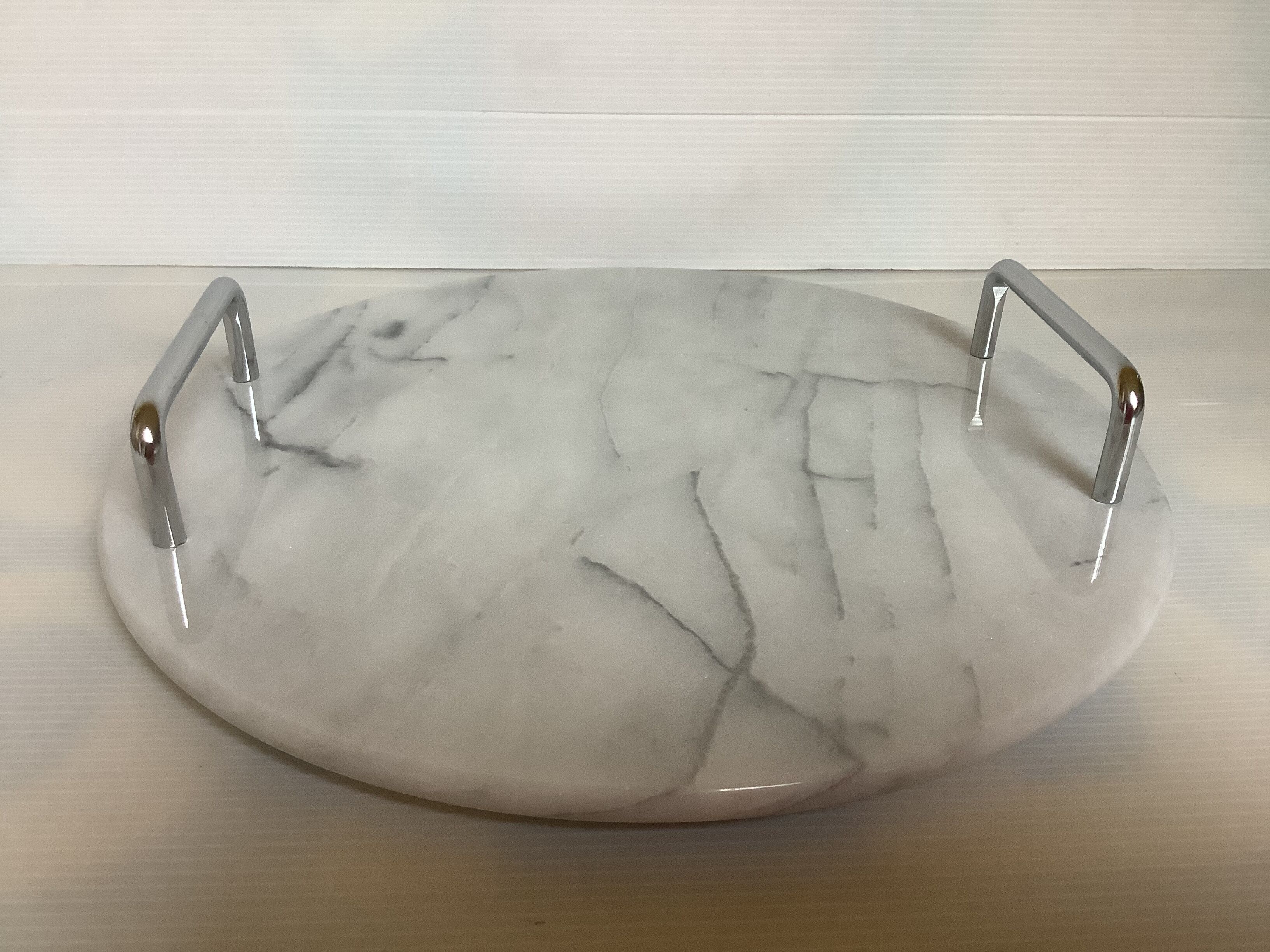 Marble dish with chrome metal handles