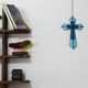 Vitrail Artisanal Croix – Verre Coloré Bleu – 40 × 50 cm – Pièce Unique