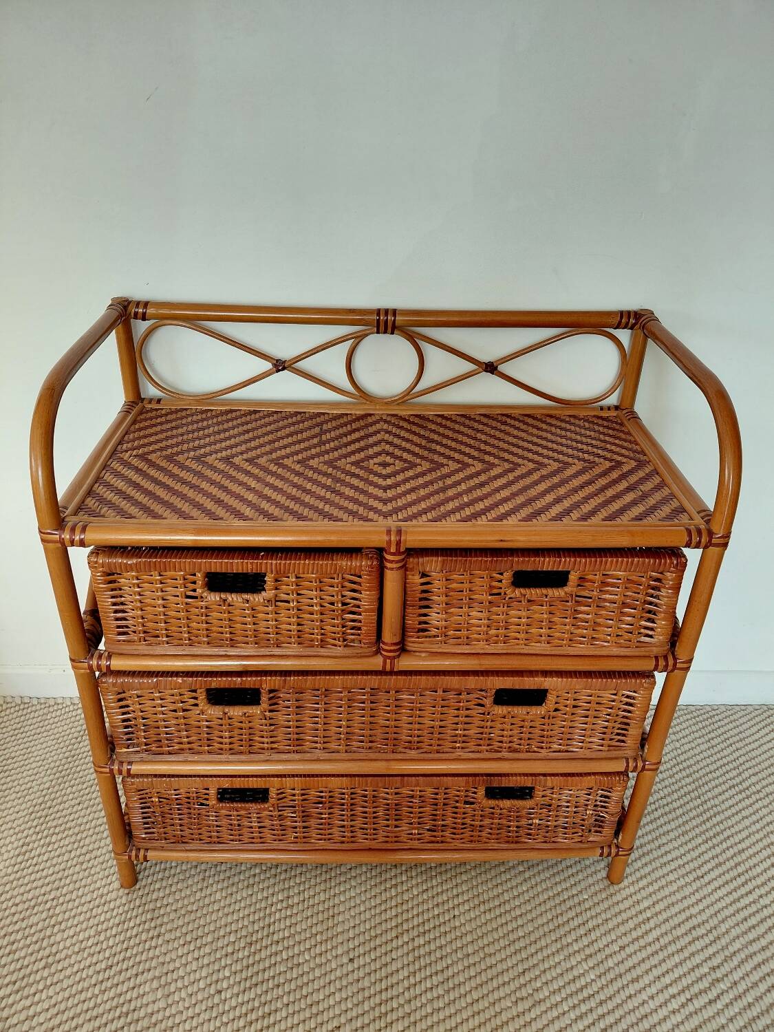Commode vintage en rotin 4 tiroirs-esprit bohème-bord de mer