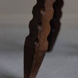 Carved wooden tripod chair with leather seat, Wabi Sabi, early 20th century.