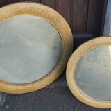 Set of two round mirrors with vintage rattan frame 1980