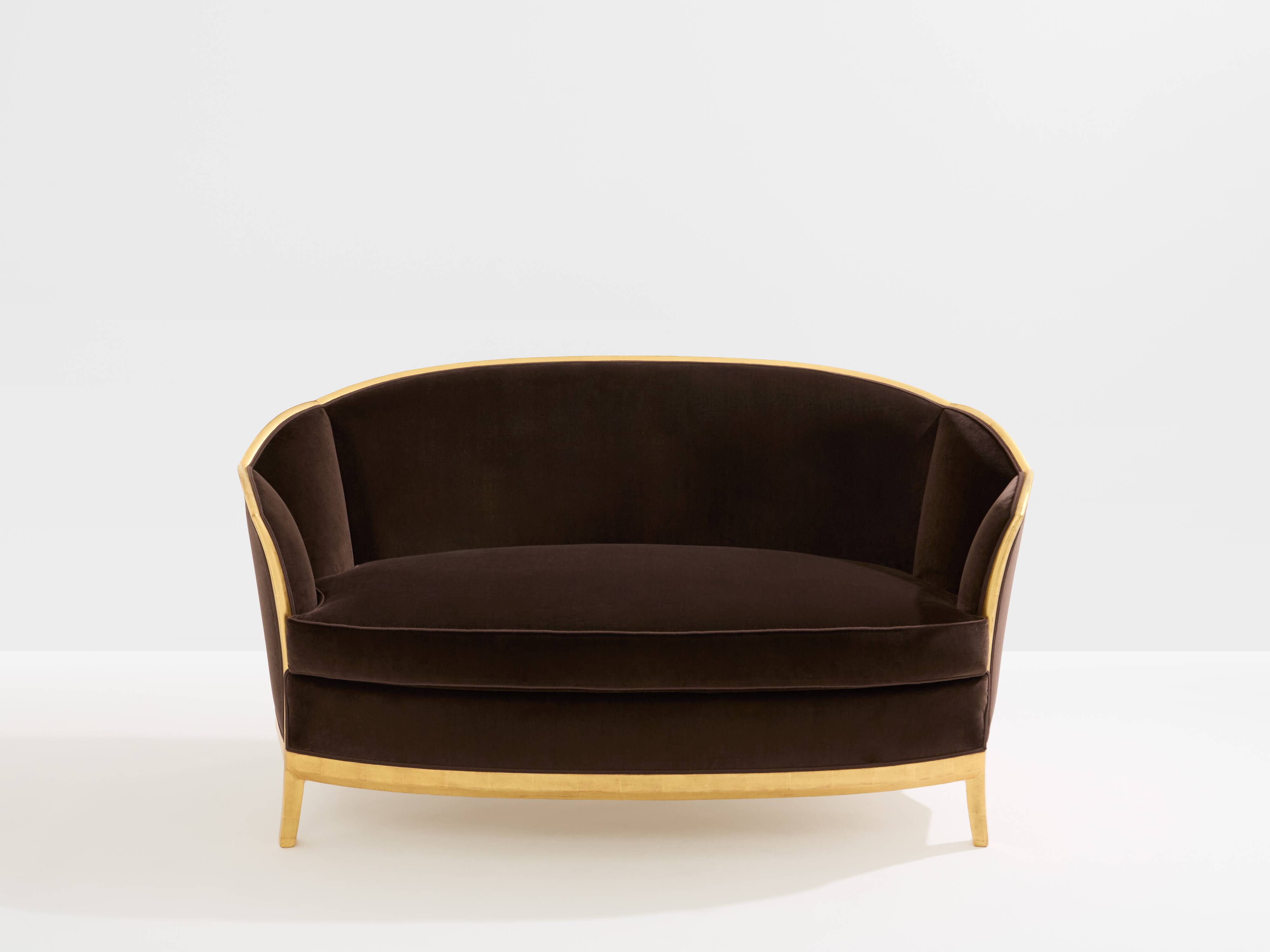 Maurice Dufrène gilded wood bench with brown velvet 1925